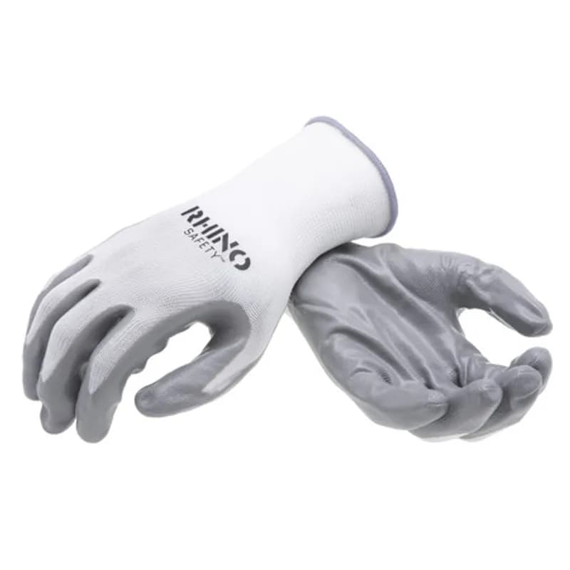 NSI Industries GLV-100L - The RHINO Safety GLV-100L White Nylon Safety Gloves, large size, offer protection on the jobsite and beyond with their 13-gauge nylon construction and dipped smooth gray nitrile palm coating. Protects against abrasions, oils and chemicals while improving your grip and remaining comfortable and breathable to wear all day. Offers protection up to temperatures of 140 degrees Celsius.