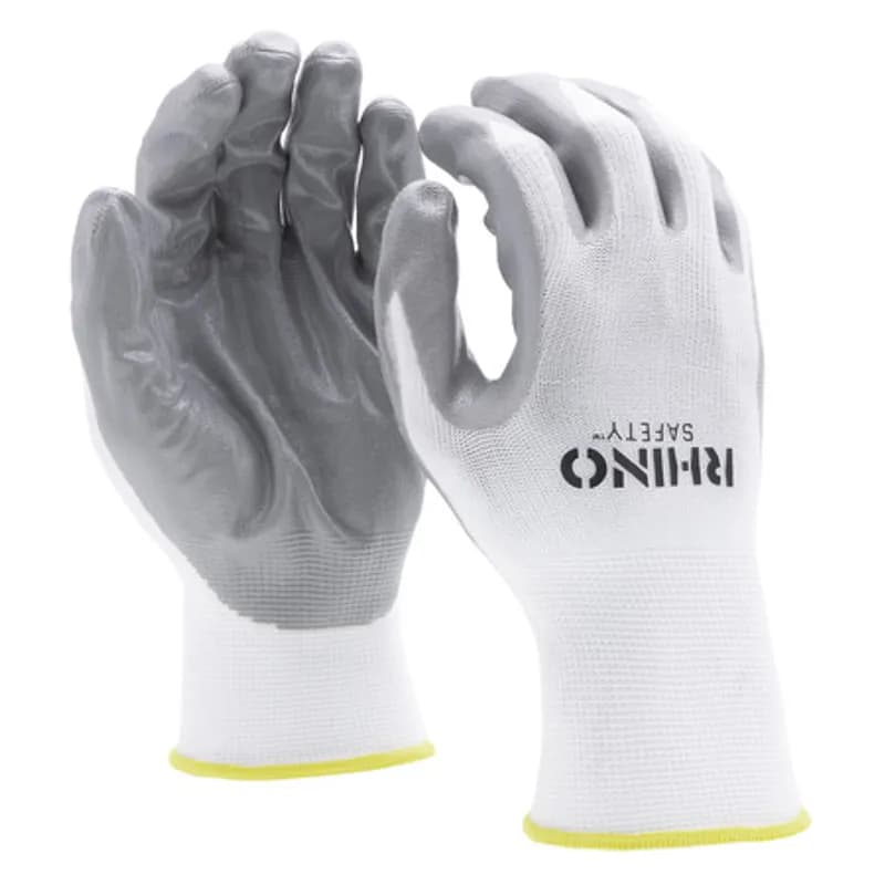 NSI Industries GLV-100XL - The RHINO Safety GLV-100XL White Nylon Safety Gloves, extra large size, offer protection on the jobsite and beyond with their 13-gauge nylon construction and dipped smooth gray nitrile palm coating. Protects against abrasions, oils and chemicals while improving your grip and remaining comfortable and breathable to wear all day. Offers protection up to temperatures of 140 degrees Celsius.