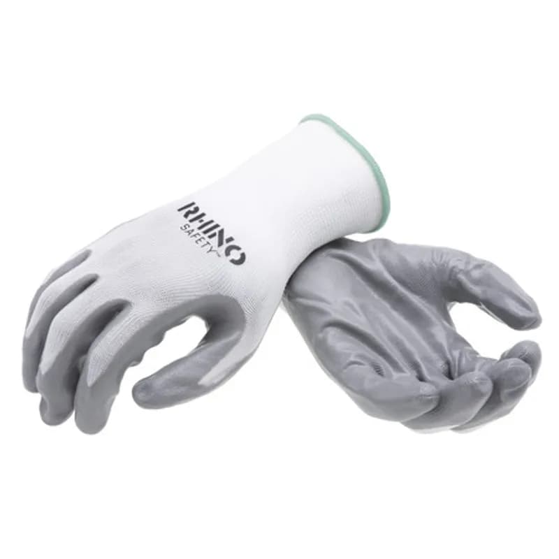 NSI Industries GLV-100M - The RHINO Safety GLV-100M White Nylon Safety Gloves, medium size, offer protection on the jobsite and beyond with their 13-gauge nylon construction and dipped smooth gray nitrile palm coating. Protects against abrasions, oils and chemicals while improving your grip and remaining comfortable and breathable to wear all day. Offers protection up to temperatures of 140 degrees Celsius.