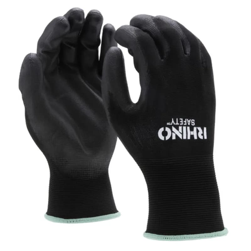NSI Industries GLV-200M - The RHINO Safety GLV-200M Black Nylon Safety Gloves, medium size, offer protection on the jobsite and beyond with their 13-gauge nylon construction and dipped black polyurethane palm coating. Protects against abrasions, oils and chemicals while improving your grip and remaining comfortable and breathable to wear all day. Offers UV protection and a flexible grip.