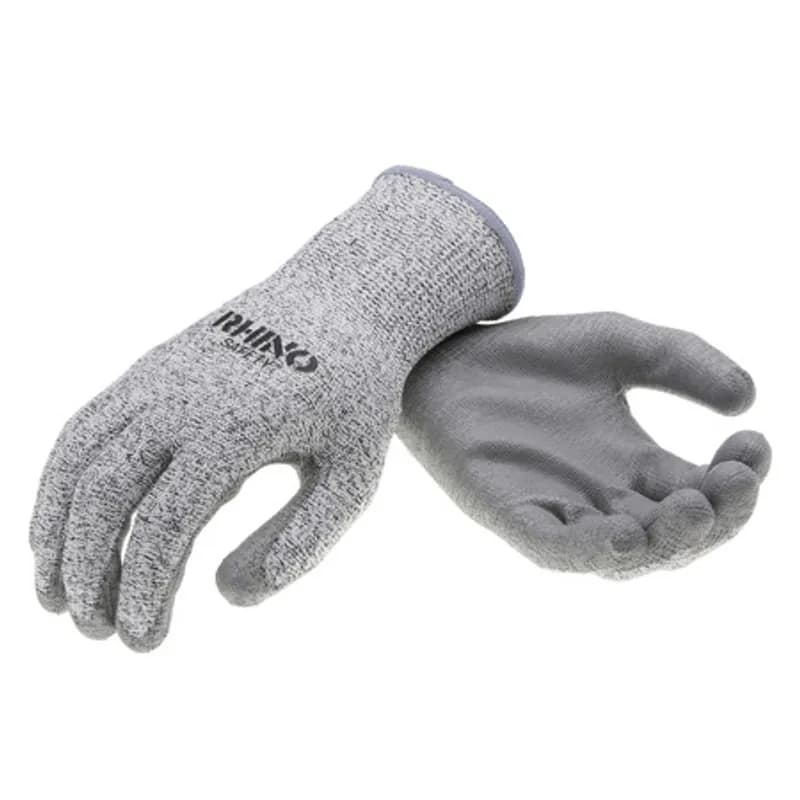 The RHINO Safety GLV-300L Black and White HPPE Nylon Safety Gloves, large size, offer protection on the jobsite and beyond with their 13-gauge nylon construction and dipped gray nitrile palm coating. Provides A4 cut protection and guards against abrasions, oils and chemicals while improving your grip and remaining comfortable and breathable to wear all day. Offers UV protection and a flexible grip.
