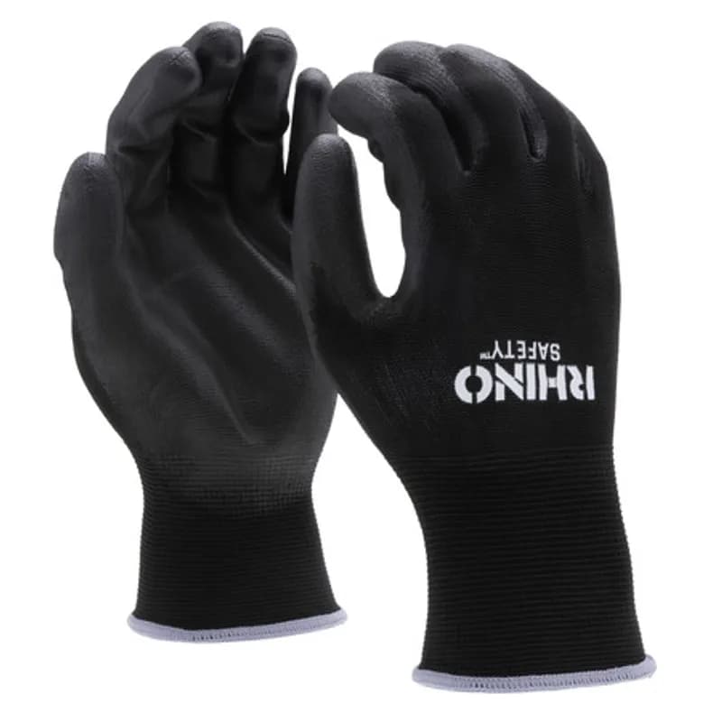 NSI Industries GLV-200L - The RHINO Safety GLV-200L Black Nylon Safety Gloves, large size, offer protection on the jobsite and beyond with their 13-gauge nylon construction and dipped black polyurethane palm coating. Protects against abrasions, oils and chemicals while improving your grip and remaining comfortable and breathable to wear all day. Offers UV protection and a flexible grip.