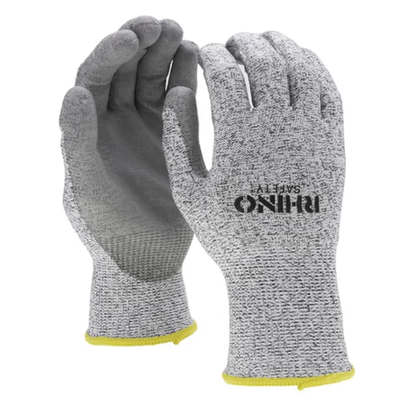 NSI Industries GLV-300XL - The RHINO Safety GLV-300XL Black and White HPPE Nylon Safety Gloves, extra large size, offer protection on the jobsite and beyond with their 13-gauge nylon construction and dipped gray nitrile palm coating. Provides A4 cut protection and guards against abrasions, oils and chemicals while improving your grip and remaining comfortable and breathable to wear all day. Offers UV protection and a flexible grip.