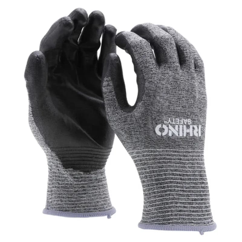NSI Industries GLV-400L - The RHINO Safety GLV-400L Gray HPPE Nylon Safety Gloves, large size, offer protection on the jobsite and beyond with their 13-gauge nylon construction and dipped black polyurethane palm coating. Provides A2 cut protection and guards against abrasions, oils and chemicals while improving your grip and remaining comfortable and breathable to wear all day. Offers UV protection and a flexible grip.