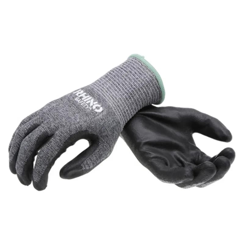 The RHINO Safety GLV-400M Gray HPPE Nylon Safety Gloves, medium size, offer protection on the jobsite and beyond with their 13-gauge nylon construction and dipped black polyurethane palm coating. Provides A2 cut protection and guards against abrasions, oils and chemicals while improving your grip and remaining comfortable and breathable to wear all day. Offers UV protection and a flexible grip.