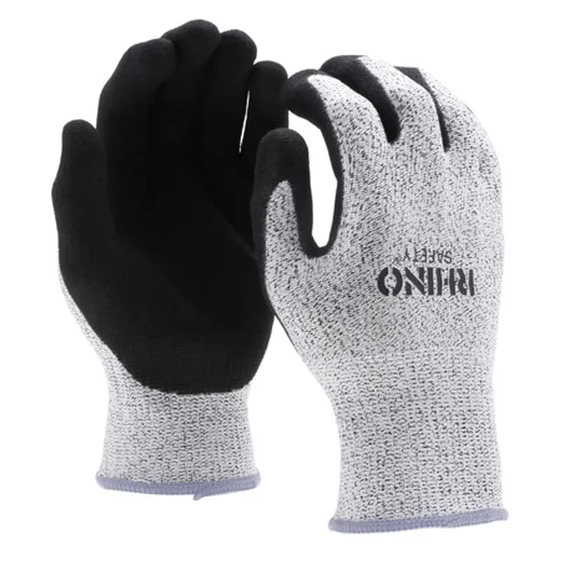 NSI Industries GLV-500L - The RHINO Safety GLV-500L Black and White HPPE Nylon Safety Gloves, large size, offer protection on the jobsite and beyond with their 13-gauge nylon construction and dipped gray sandy nitrile palm coating. Provides A2 cut protection and guards against abrasions, oils and chemicals while improving your grip and remaining comfortable and breathable to wear all day. Offers UV protection and a flexible grip.