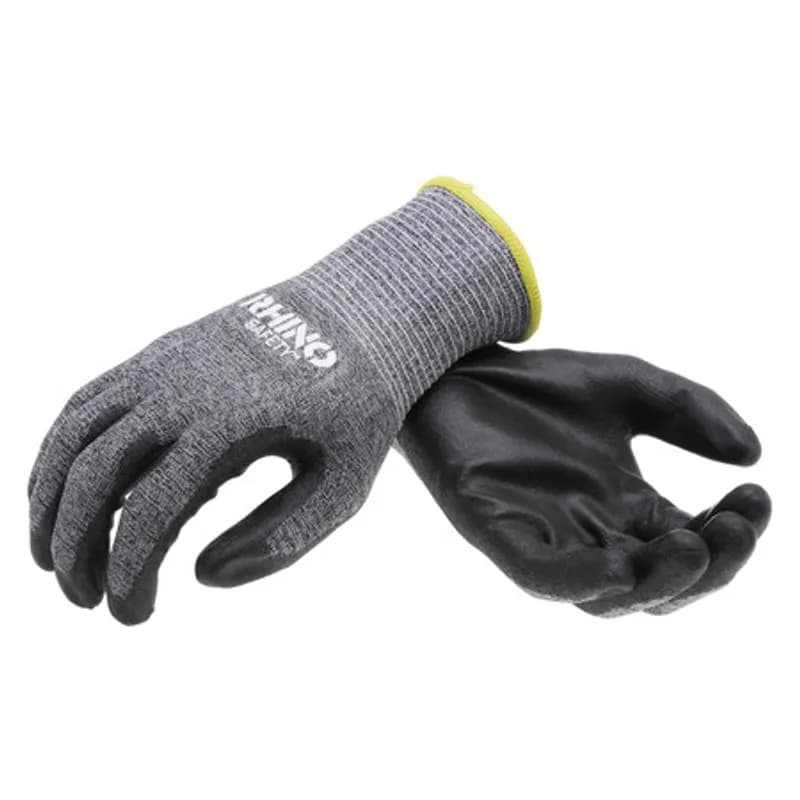 NSI Industries GLV-400XL - The RHINO Safety GLV-400XL Gray HPPE Nylon Safety Gloves, extra large size, offer protection on the jobsite and beyond with their 13-gauge nylon construction and dipped black polyurethane palm coating. Provides A2 cut protection and guards against abrasions, oils and chemicals while improving your grip and remaining comfortable and breathable to wear all day. Offers UV protection and a flexible grip.