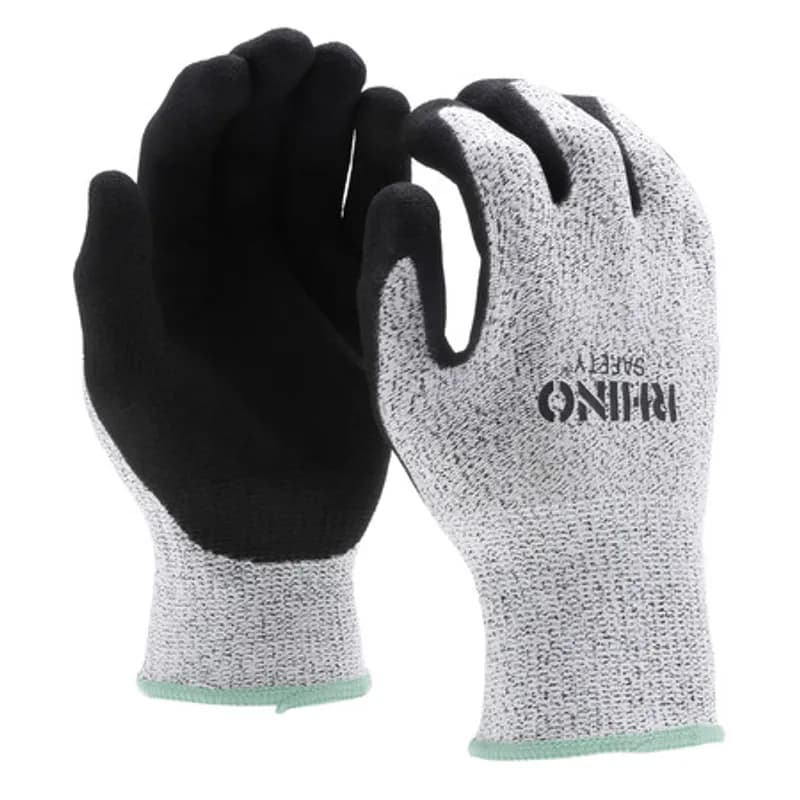 The RHINO Safety GLV-500M Black and White HPPE Nylon Safety Gloves, medium size, offer protection on the jobsite and beyond with their 13-gauge nylon construction and dipped gray sandy nitrile palm coating. Provides A2 cut protection and guards against abrasions, oils and chemicals while improving your grip and remaining comfortable and breathable to wear all day. Offers UV protection and a flexible grip.