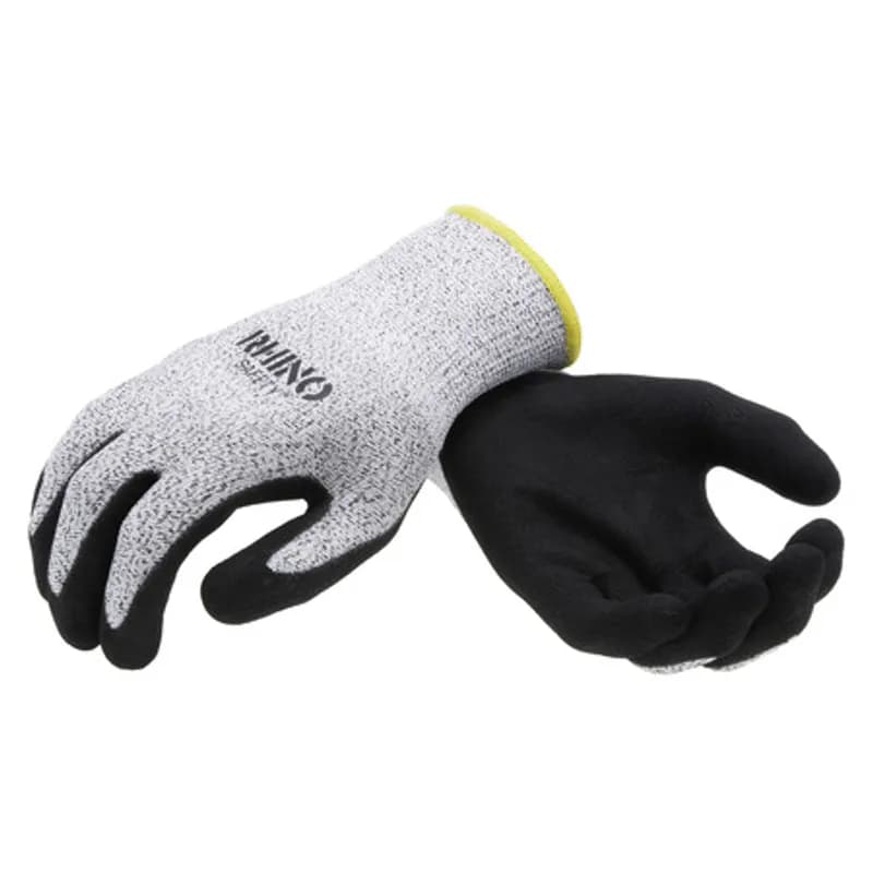 NSI Industries GLV-500XL - The RHINO Safety GLV-500XL Black and White HPPE Nylon Safety Gloves, extra large size, offer protection on the jobsite and beyond with their 13-gauge nylon construction and dipped gray sandy nitrile palm coating. Provides A2 cut protection and guards against abrasions, oils and chemicals while improving your grip and remaining comfortable and breathable to wear all day. Offers UV protection and a flexible grip.