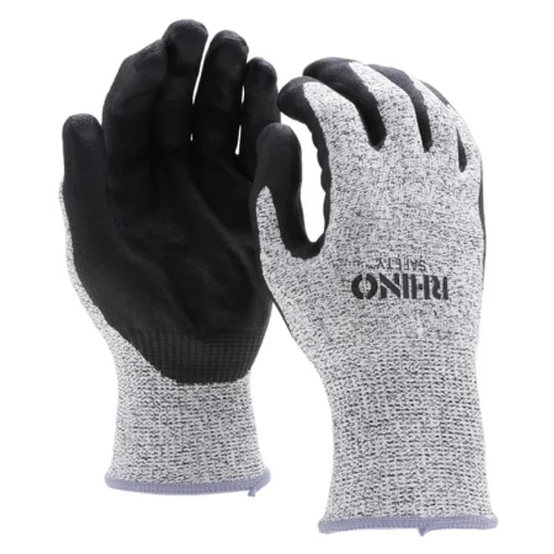 NSI Industries GLV-600L - The RHINO Safety GLV-600L Black and White HPPE Nylon Safety Gloves, large size, offer protection on the jobsite and beyond with their 13-gauge nylon construction and dipped black foam nitrile palm coating. Provides A4 cut protection and guards against abrasions, oils and chemicals while improving your grip and remaining comfortable and breathable to wear all day. Offers UV protection and a flexible grip.