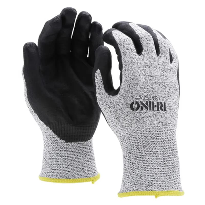 The RHINO Safety GLV-600XL Black and White HPPE Nylon Safety Gloves, extra large size, offer protection on the jobsite and beyond with their 13-gauge nylon construction and dipped black foam nitrile palm coating. Provides A4 cut protection and guards against abrasions, oils and chemicals while improving your grip and remaining comfortable and breathable to wear all day. Offers UV protection and a flexible grip.