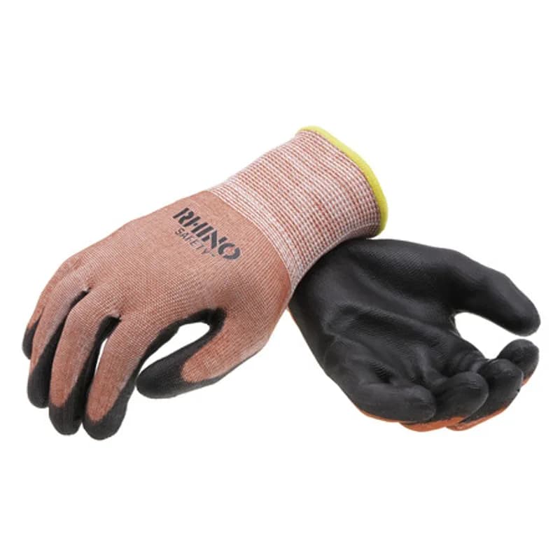 The RHINO Safety GLV-700XL Red HPPE Nylon Safety Gloves, extra large size, offer protection on the jobsite and beyond with their 13-gauge nylon construction and dipped black polyurethane palm coating. Provides A8 heavy-duty cut protection and guards against abrasions, oils and chemicals while improving your grip and remaining comfortable and breathable to wear all day. Offers UV protection and a flexible grip.