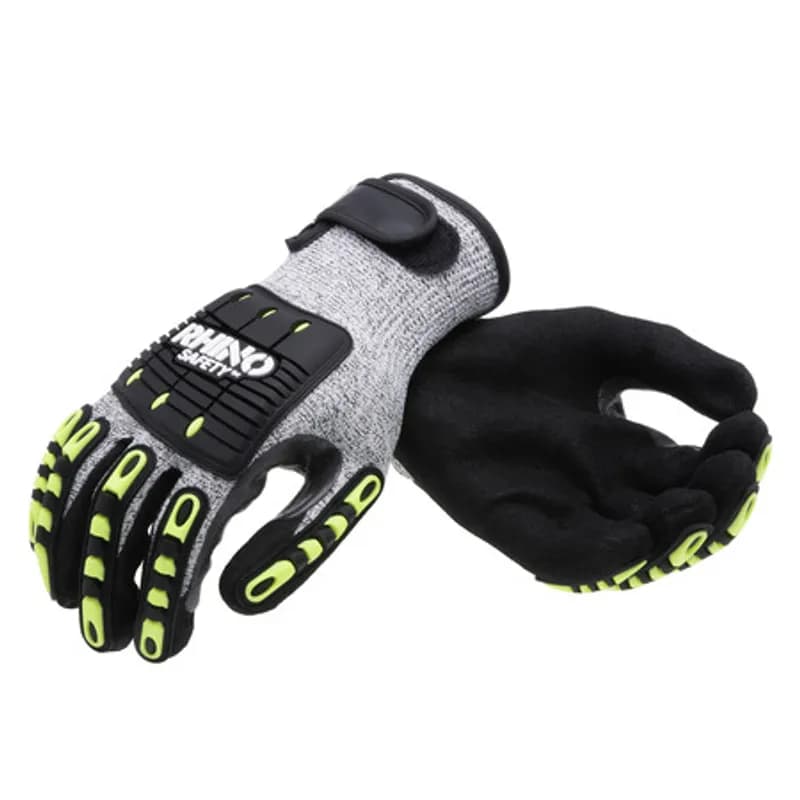 The RHINO Safety GLV-800L Black and White HPPE Nylon Safety Gloves, large size, offer protection on the jobsite and beyond with their 13-gauge nylon construction and dipped black sandy nitrile palm and finger coating. Provides A4 cut protection and guards against abrasions, oils and chemicals while improving your grip and remaining comfortable and breathable to wear all day. Offers UV protection and a flexible grip.