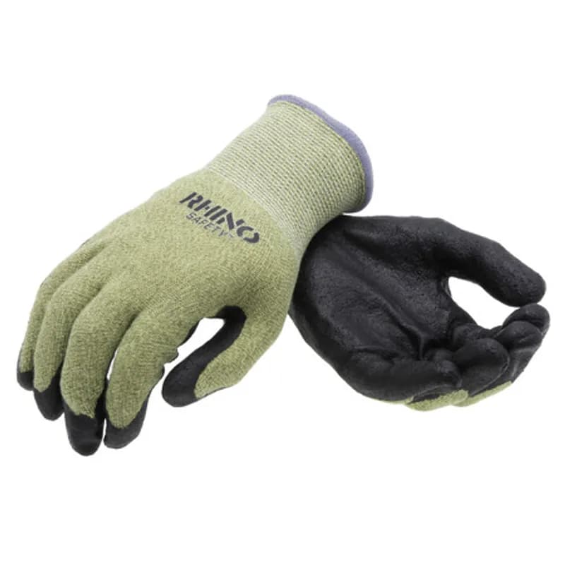 The RHINO Safety GLV-900L Green Aramid Fiber Steel Safety Gloves, large size, offer protection on the jobsite and beyond with their 13-gauge steel construction and dipped black foam nitrile palm and finger coating. Rated with HRC 2 and ANSI A4 for arc-flash and cut protection, respectively. Nitrile coating guards against abrasions, oils and chemicals while improving your grip and remaining comfortable and breathable to wear all day.