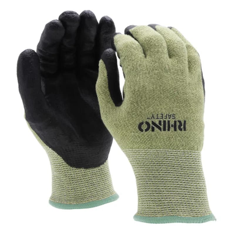 The RHINO Safety GLV-900M Green Aramid Fiber Steel Safety Gloves, medium size, offer protection on the jobsite and beyond with their 13-gauge steel construction and dipped black foam nitrile palm and finger coating. Rated with HRC 2 and ANSI A4 for arc-flash and cut protection, respectively. Nitrile coating guards against abrasions, oils and chemicals while improving your grip and remaining comfortable and breathable to wear all day.