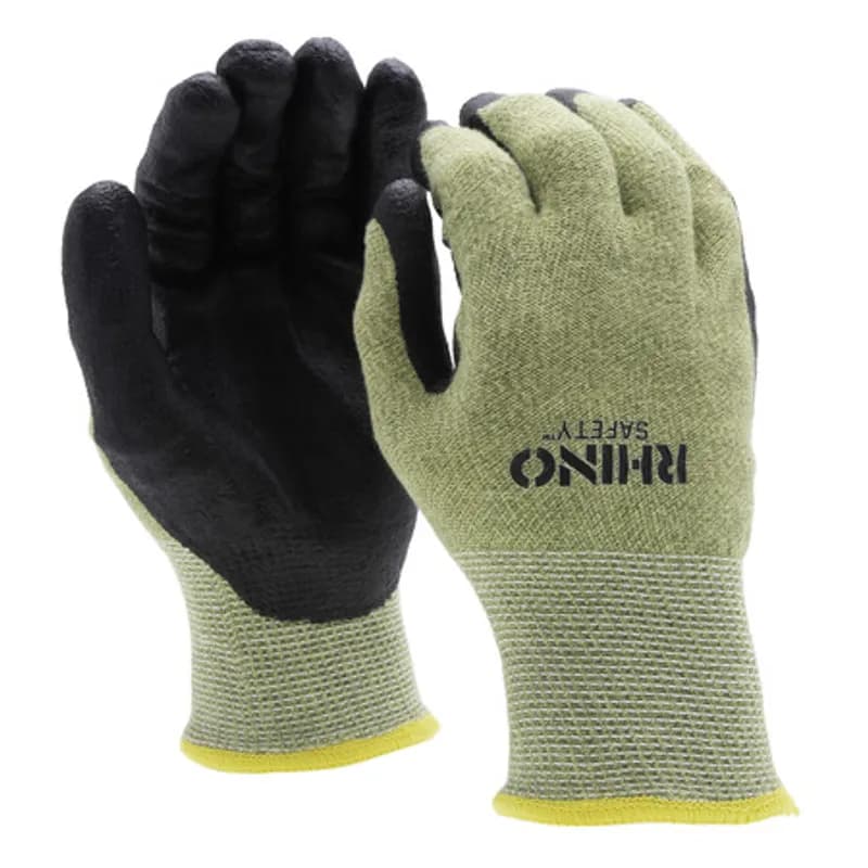 The RHINO Safety GLV-900XL Green Aramid Fiber Steel Safety Gloves, extra large size, offer protection on the jobsite and beyond with their 13-gauge steel construction and dipped black foam nitrile palm and finger coating. Rated with HRC 2 and ANSI A4 for arc-flash and cut protection, respectively. Nitrile coating guards against abrasions, oils and chemicals while improving your grip and remaining comfortable and breathable to wear all day.