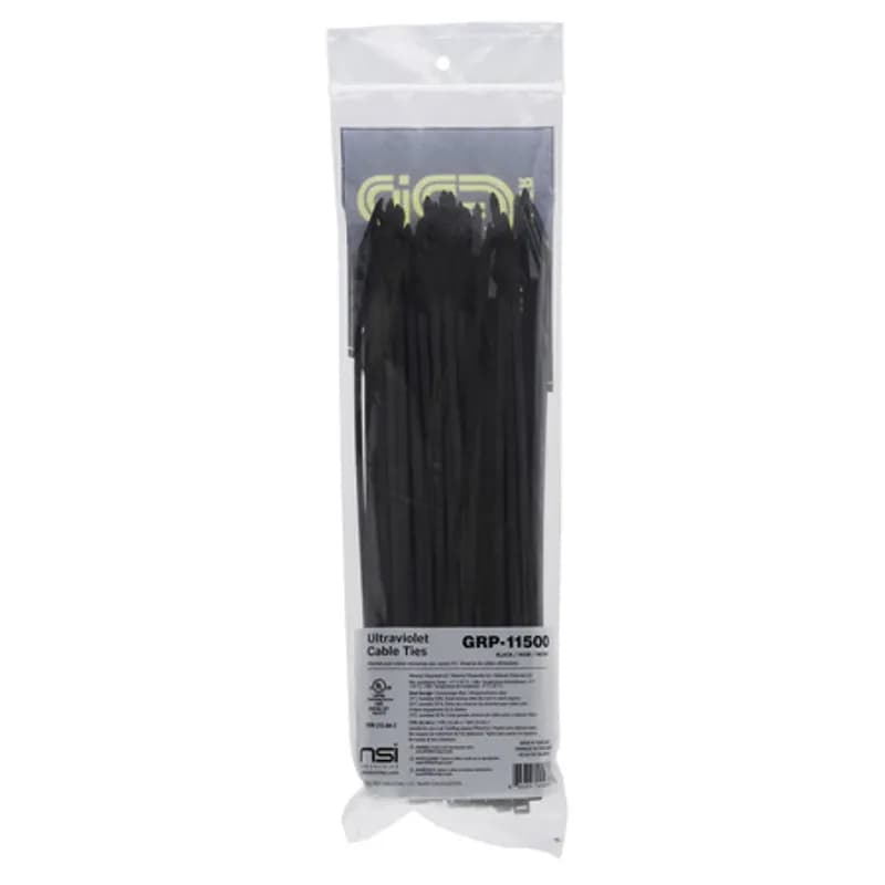 The PowerGRP GRP-11500 100-Count Resealable Pack of Type 21S AH-2 Black-Colored General-Purpose Cable Ties are 11†long, with 50lb of tensile strength for professional applications. They’re made from polyamide 6,6 nylon, resulting in a high mechanical strength and a wide temperature range (-40 F to 185 F). Fasten these 11†cables ties around a wide range of equipment with a bundle diameter between .08†(2mm) to 2.99†(76mm), using the bent tips and serrated locking mechanism to form an effortless and secure grip. Designed for cable management in industrial applications and use in plenum spaces.