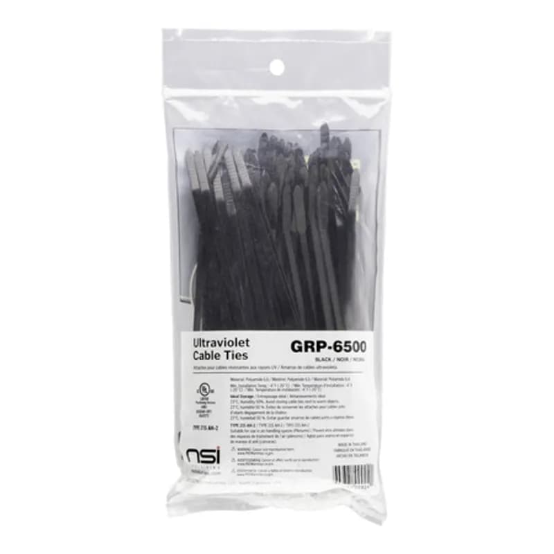 The PowerGRP GRP-6500 100-Count Resealable Pack of Type 21S AH-2 Black-Colored General-Purpose Cable Ties are 6â€ long, with 50lb of tensile strength for professional applications. Theyâ€™re made from polyamide 6,6 nylon, resulting in a high mechanical strength and a wide temperature range (-40 F to 185 F). Fasten these 6â€ cables ties around a wide range of equipment with a bundle diameter between .12â€ (3mm) and 1.5â€ (38mm), using the bent tips and serrated locking mechanism to form an effortless and secure grip. Designed for cable management in industrial applications and use in plenum spaces.