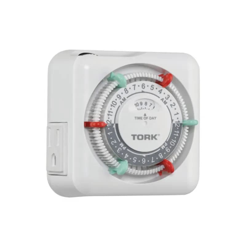 NSI Industries RTN312 - The TORK RTN312 24-hour mechanical plug-in lighting and appliance timer features 2 grounded outlets. Automate your home or office in a looping daily schedule using the simple timer buttons to schedule three on/off times in 30-minute increments using the simple red and green trippers. Designed for applications including holiday lights, fans, lamps, coffee makers and more.