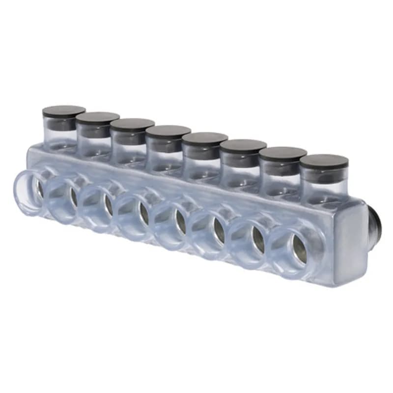 The Polaris IPLD750-8C Multi-Tap Dual-Sided Entry Vision Tap Connector features 8 ports sized for 750 - 250 MCM wires. The clear body allows users to see their conductor placement and is wrapped in a layer of plastisol insulation. Each dual-sided port is pre-loaded with an oxide inhibitor, with removable access plugs over the hex screws used to tighten the connections. Installs with a hex key and torque wrench, without any tape or additional supplies. Designed for use in a wide range of splicing applications, including installation in cable trays, panel boards, ducts, raceways or troughs.