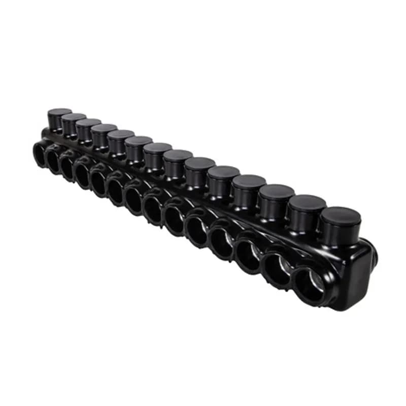The Polaris IPLD750-14 Multi-Tap Dual-Sided Entry Connector features 14 ports sized for 750 - 250 MCM wires. The body is made from aluminum alloy wrapped in a layer of plastisol insulation. Each dual-sided port is pre-loaded with an oxide inhibitor, with removable access plugs over the hex screws used to tighten the connections. Installs with a hex key and torque wrench, without any tape or additional supplies. Designed for use in a wide range of splicing applications, including installation in cable trays, panel boards, ducts, raceways or troughs.