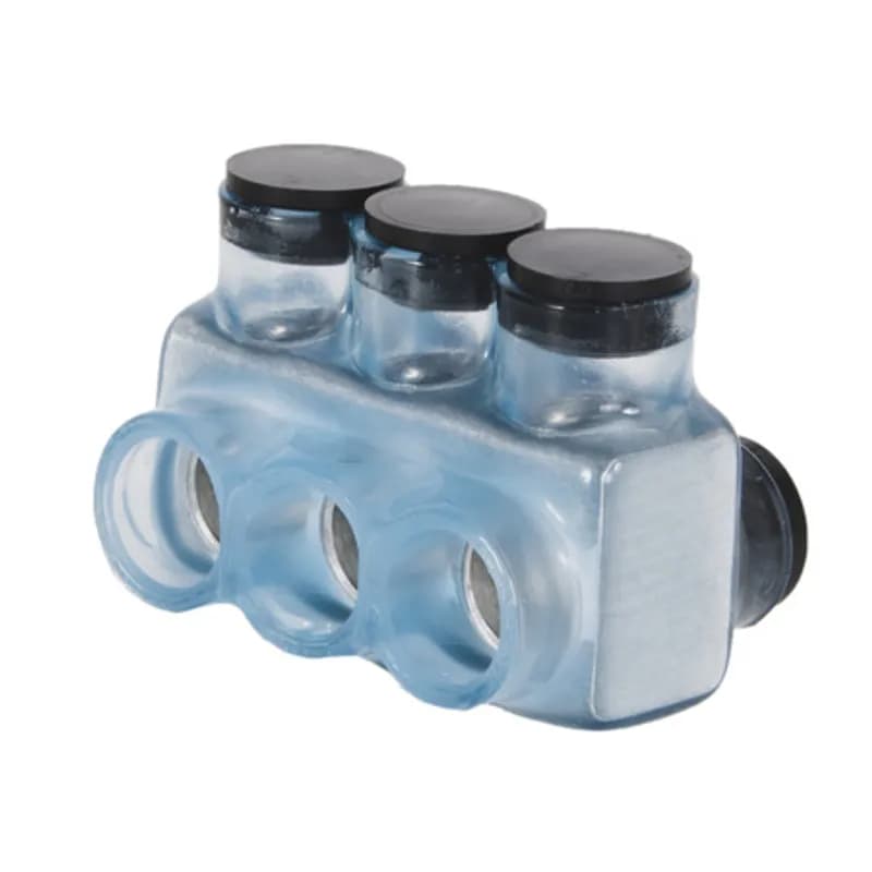 NSI Industries IPLD350-3CB - The Polaris IPLD350-3CB Multi-Tap Dual-Sided Entry Vision Tap Connector features 3 ports sized for 350 MCM - 6 AWG wires. The clear body allows users to see their conductor placement and is wrapped in a layer of plastisol insulation. Each dual-sided port is pre-loaded with an oxide inhibitor, with removable access plugs over the hex screws used to tighten the connections. Installs with a hex key and torque wrench, without any tape or additional supplies, and comes packaged in a clear plastic bag with a mounting hole for hanging in retail displays. Designed for use in a wide range of splicing applications, including installation in cable trays, panel boards, ducts, raceways or troughs.