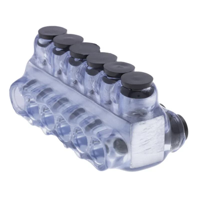 NSI Industries IPLD4-6C - The Polaris IPLD4-6C Multi-Tap Dual-Sided Entry Vision Tap Connector features 6 ports sized for 4 - 14 AWG wires. The clear body allows users to see their conductor placement and is wrapped in a layer of plastisol insulation. Each dual-sided port is pre-loaded with an oxide inhibitor, with removable access plugs over the hex screws used to tighten the connections. Installs with a hex key and torque wrench, without any tape or additional supplies. Designed for use in a wide range of splicing applications, including installation in cable trays, panel boards, ducts, raceways or troughs.