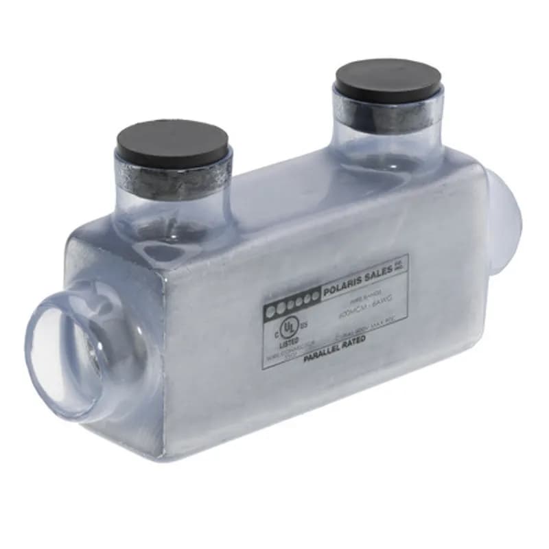 The Polaris ISR-600CB Multi-Tap Multi-Tap In-Line Entry Connector features 2 ports sized for 600 MCM - 6 AWG wires. The clear body allows users to see their conductor placement and is wrapped in a layer of plastisol insulation. Each in-line port is pre-loaded with an oxide inhibitor, with removable access plugs over the hex screws used to tighten the connections. Installs with a hex key and torque wrench, without any tape or additional supplies, and comes packaged in a clear plastic bag with a mounting hole for hanging in retail displays. Designed for use in a wide range of splicing applications, including installation in cable trays, panel boards, ducts, raceways or troughs.
