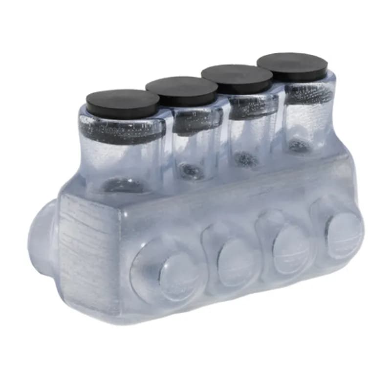 The Polaris IPL4-4CB Multi-Tap Single Side Entry Vision Tap Connector features 4 ports sized for 4 - 14 AWG wires. The clear body allows users to see their conductor placement and is wrapped in a layer of plastisol insulation. Each port is pre-loaded with an oxide inhibitor, with removable access plugs over the hex screws used to tighten the connections. Installs with a hex key and torque wrench, without any tape or additional supplies, and comes packaged in a clear plastic bag with a mounting hole for hanging in retail displays. Designed for use in a wide range of splicing applications, including installation in cable trays, panel boards, ducts, raceways or troughs.