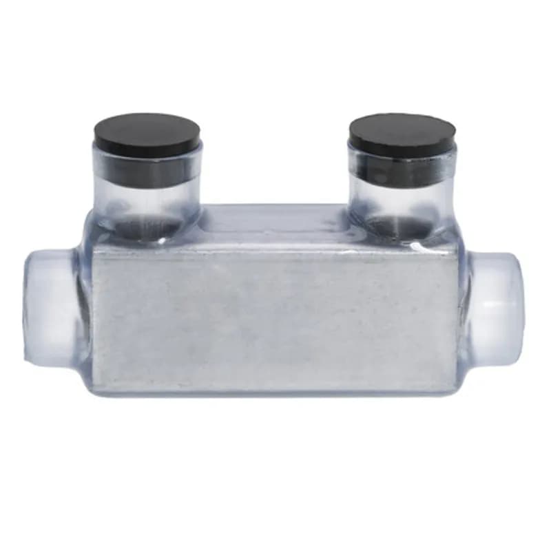NSI Industries ISR-350CB - The Polaris ISR-350CB Multi-Tap Multi-Tap In-Line Entry Connector features 2 ports sized for 350 MCM - 6 AWG wires. The clear body allows users to see their conductor placement and is wrapped in a layer of plastisol insulation. Each in-line port is pre-loaded with an oxide inhibitor, with removable access plugs over the hex screws used to tighten the connections. Installs with a hex key and torque wrench, without any tape or additional supplies, and comes packaged in a clear plastic bag with a mounting hole for hanging in retail displays. Designed for use in a wide range of splicing applications, including installation in cable trays, panel boards, ducts, raceways or troughs.