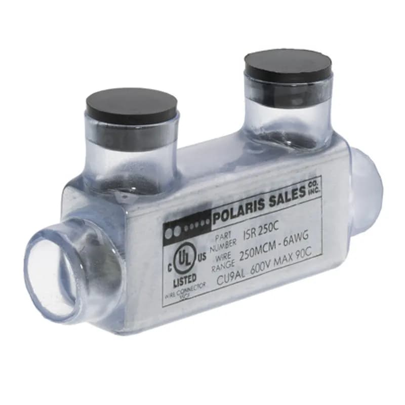 NSI Industries ISR-250CB - The Polaris ISR-250CB Multi-Tap Multi-Tap In-Line Entry Connector features 2 ports sized for 250 MCM - 6 AWG wires. The clear body allows users to see their conductor placement and is wrapped in a layer of plastisol insulation. Each in-line port is pre-loaded with an oxide inhibitor, with removable access plugs over the hex screws used to tighten the connections. Installs with a hex key and torque wrench, without any tape or additional supplies, and comes packaged in a clear plastic bag with a mounting hole for hanging in retail displays. Designed for use in a wide range of splicing applications, including installation in cable trays, panel boards, ducts, raceways or troughs.
