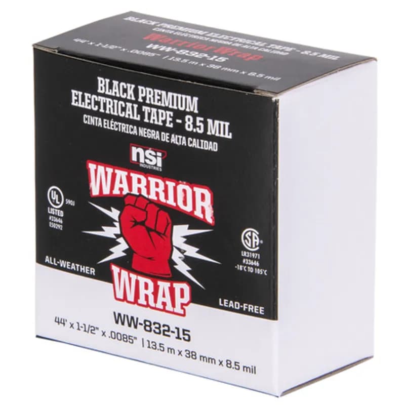 NSI Industries WW-832-15 - WarriorWrap WW-832-15 Black Vinyl Heavy Duty Electrical Tape is strong enough for professional environments and highly resistant to abrasion and corrosion. This tape is 8.5mil thick, an extra-wide 1.5in in width, 44ft long and has a max temperature rating of 220 degrees F. The strong adhesion helps stick to uneven surfaces. Top breaking strength and elasticity make WarriorWrap an excellent choice for splicing, insulating or marking wires.