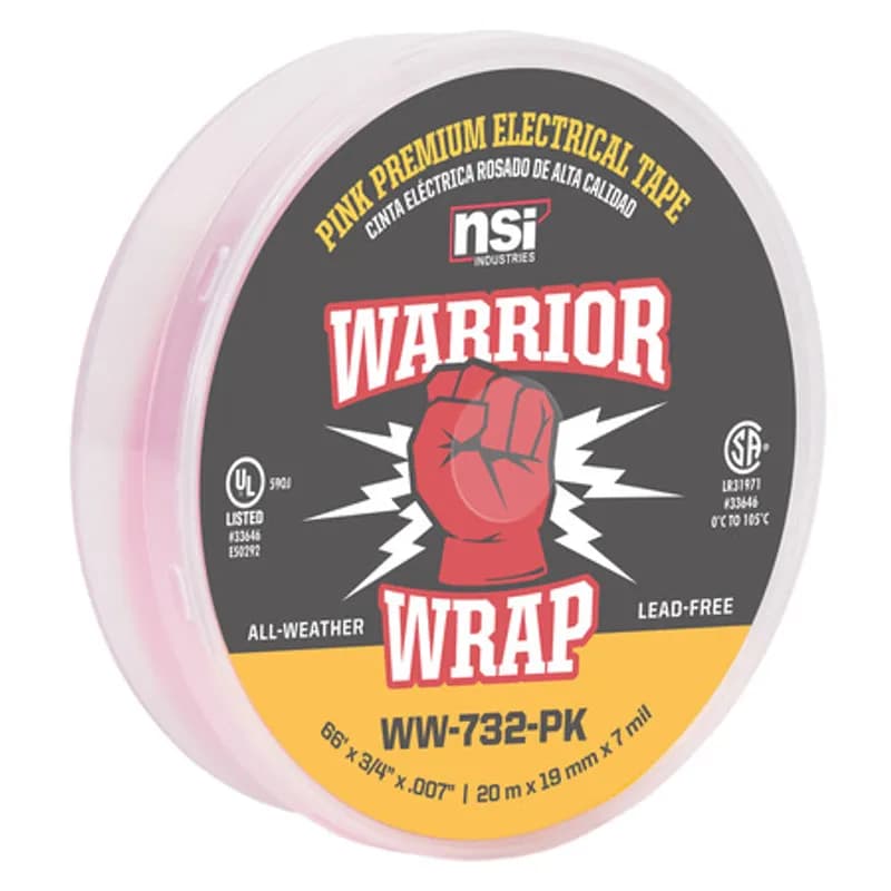 WarriorWrap WW-732-PK Pink Vinyl Professional-Quality Electrical Tape is strong enough for demanding environments and highly resistant to abrasion and corrosion. This tape is 7mil thick, 66ft long and has a max temperature rating of 220 degrees F. The strong adhesion helps stick to uneven surfaces and keeps the backing in place. Top breaking strength and elasticity make WarriorWrap an excellent choice for splicing, insulating or marking wires.