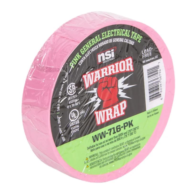 NSI Industries WW-716-PK - WarriorWrap WW-716-PK Pink Vinyl General Use Electrical Tape is strong enough for professional environments and gets the job done right the first time, every time. This tape is 7mil thick, 60ft long and has a max temperature rating of 176 degrees. The strong adhesion helps stick to uneven surfaces and keeps the backing in place. Top breaking strength and elasticity make WarriorWrap an excellent choice for splicing, insulating or marking wires.