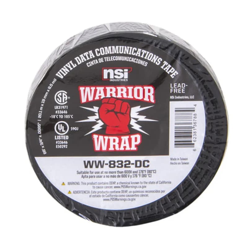 WarriorWrap WW-832-DC Black Vinyl Heavy Duty Data Communications Tape is strong enough for professional environments and highly resistant to abrasion and corrosion. This tape is 8.5mil thick, 3/4in wide, 66ft long and has a max temperature rating of 220 degrees F. The strong adhesion helps stick to uneven surfaces. Top breaking strength and elasticity make WarriorWrap an excellent choice for any requirement of the data comm industry.