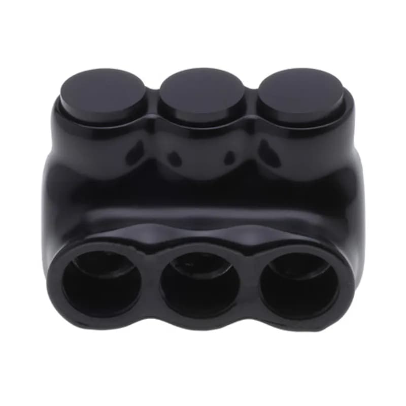 The Polaris IPLD1/0-3B Multi-Tap Dual-Sided Entry Black Connector features 3 ports sized for 1/0 AWG - 14 AWG wires. The body is made from aluminum alloy wrapped in a layer of plastisol insulation. Each dual-sided port is pre-loaded with an oxide inhibitor, with removable access plugs over the hex screws used to tighten the connections. Installs with a hex key and torque wrench, without any tape or additional supplies. Designed for use in a wide range of splicing applications, including installation in cable trays, panel boards, ducts, raceways or troughs.