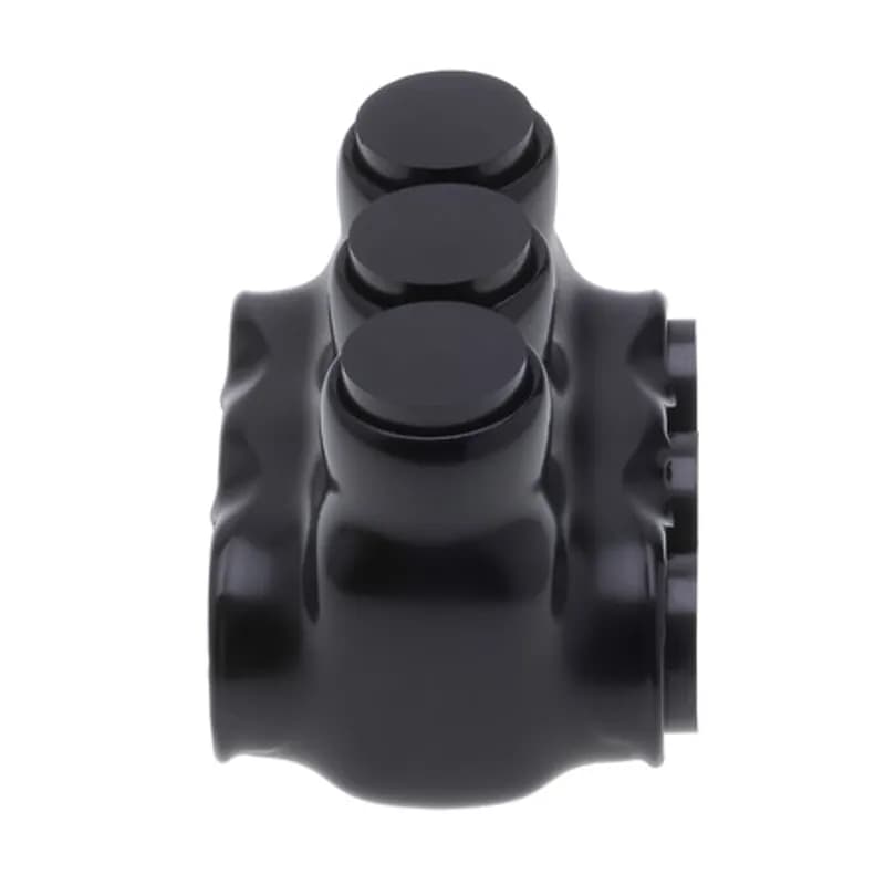 The Polaris IPLD2/0-3 Multi-Tap Dual-Sided Entry Black Connector features 3 ports sized for 2/0 AWG - 14 AWG wires. The body is made from aluminum alloy wrapped in a layer of plastisol insulation. Each dual-sided port is pre-loaded with an oxide inhibitor, with removable access plugs over the hex screws used to tighten the connections. Installs with a hex key and torque wrench, without any tape or additional supplies. Designed for use in a wide range of splicing applications, including installation in cable trays, panel boards, ducts, raceways or troughs.