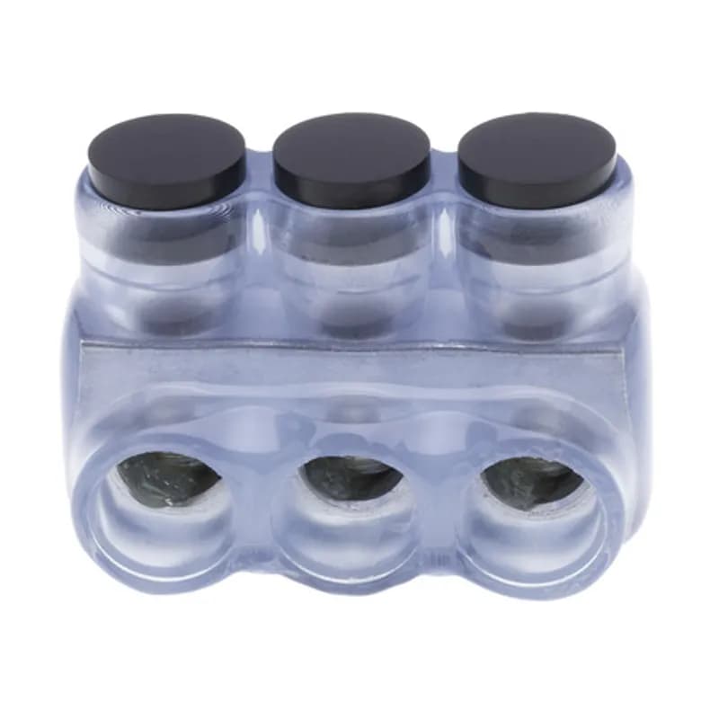 The Polaris IPLD2/0-3CB Multi-Tap Dual-Sided Entry Vision Tap Connector features 3 ports sized for 2/0 AWG - 14 AWG wires. The clear body allows users to see their conductor placement and is wrapped in a layer of plastisol insulation. Each dual-sided port is pre-loaded with an oxide inhibitor, with removable access plugs over the hex screws used to tighten the connections. Installs with a hex key and torque wrench, without any tape or additional supplies. Designed for use in a wide range of splicing applications, including installation in cable trays, panel boards, ducts, raceways or troughs.