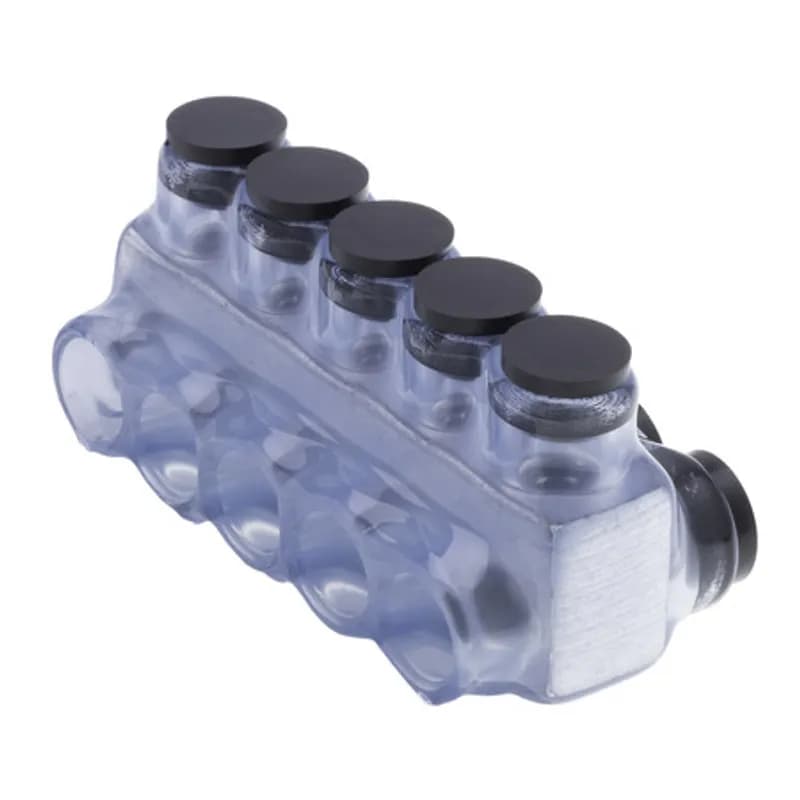 The Polaris IPLD2/0-5CB Multi-Tap Dual-Sided Entry Vision Tap Connector features 5 ports sized for 2/0 AWG - 14 AWG wires. The clear body allows users to see their conductor placement and is wrapped in a layer of plastisol insulation. Each dual-sided port is pre-loaded with an oxide inhibitor, with removable access plugs over the hex screws used to tighten the connections. Installs with a hex key and torque wrench, without any tape or additional supplies. Designed for use in a wide range of splicing applications, including installation in cable trays, panel boards, ducts, raceways or troughs.