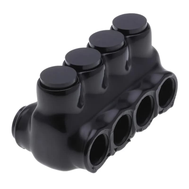 NSI Industries IPLD2/0-4 - The Polaris IPLD2/0-4 Multi-Tap Dual-Sided Entry Black Connector features 4 ports sized for 2/0 AWG - 14 AWG wires. The body is made from aluminum alloy wrapped in a layer of plastisol insulation. Each dual-sided port is pre-loaded with an oxide inhibitor, with removable access plugs over the hex screws used to tighten the connections. Installs with a hex key and torque wrench, without any tape or additional supplies. Designed for use in a wide range of splicing applications, including installation in cable trays, panel boards, ducts, raceways or troughs.