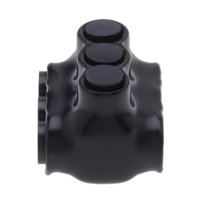 The Polaris IPLD2-3B Multi-Tap Dual-Sided Entry Black Connector features 3 ports sized for 2 AWG - 14 AWG wires. The body is made from aluminum alloy wrapped in a layer of plastisol insulation. Each dual-sided port is pre-loaded with an oxide inhibitor, with removable access plugs over the hex screws used to tighten the connections. Installs with a hex key and torque wrench, without any tape or additional supplies. Designed for use in a wide range of splicing applications, including installation in cable trays, panel boards, ducts, raceways or troughs.