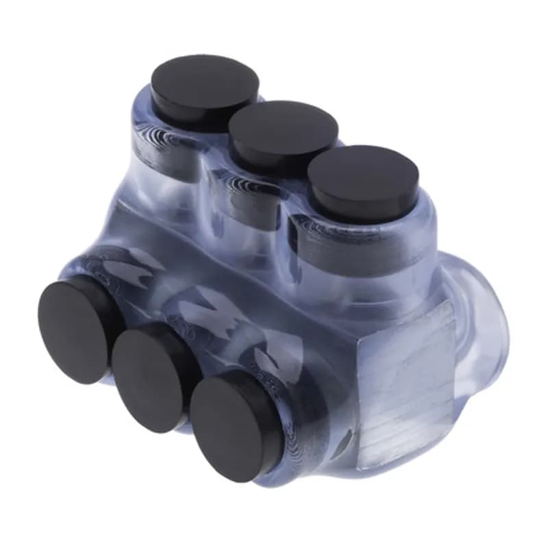 The Polaris IPLD2-3C Multi-Tap Dual-Sided Entry Vision Tap Connector features 3 ports sized for 2 AWG - 14 AWG wires. The clear body allows users to see their conductor placement and is wrapped in a layer of plastisol insulation. Each dual-sided port is pre-loaded with an oxide inhibitor, with removable access plugs over the hex screws used to tighten the connections. Installs with a hex key and torque wrench, without any tape or additional supplies. Designed for use in a wide range of splicing applications, including installation in cable trays, panel boards, ducts, raceways or troughs.