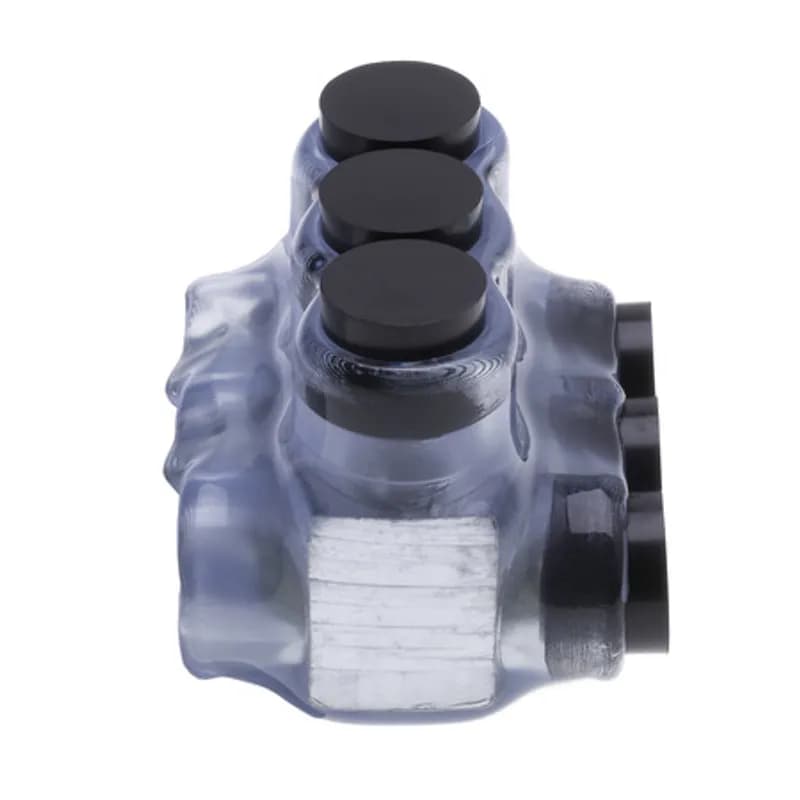 The Polaris IPLD2-3CB Multi-Tap Dual-Sided Entry Vision Tap Connector features 3 ports sized for 2 AWG - 14 AWG wires. The clear body allows users to see their conductor placement and is wrapped in a layer of plastisol insulation. Each dual-sided port is pre-loaded with an oxide inhibitor, with removable access plugs over the hex screws used to tighten the connections. Installs with a hex key and torque wrench, without any tape or additional supplies. Designed for use in a wide range of splicing applications, including installation in cable trays, panel boards, ducts, raceways or troughs.