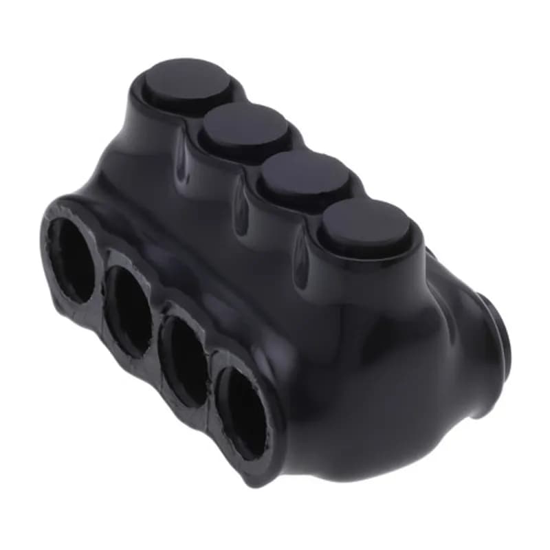 NSI Industries IPLD2-4 - The Polaris IPLD2-4 Multi-Tap Dual-Sided Entry Black Connector features 4 ports sized for 2 AWG - 14 AWG wires. The body is made from aluminum alloy wrapped in a layer of plastisol insulation. Each dual-sided port is pre-loaded with an oxide inhibitor, with removable access plugs over the hex screws used to tighten the connections. Installs with a hex key and torque wrench, without any tape or additional supplies. Designed for use in a wide range of splicing applications, including installation in cable trays, panel boards, ducts, raceways or troughs.