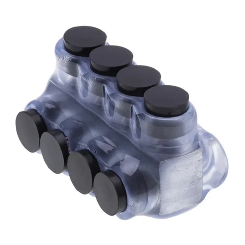 The Polaris IPLD2-4C Multi-Tap Dual-Sided Entry Vision Tap Connector features 4 ports sized for 2 AWG - 14 AWG wires. The clear body allows users to see their conductor placement and is wrapped in a layer of plastisol insulation. Each dual-sided port is pre-loaded with an oxide inhibitor, with removable access plugs over the hex screws used to tighten the connections. Installs with a hex key and torque wrench, without any tape or additional supplies. Designed for use in a wide range of splicing applications, including installation in cable trays, panel boards, ducts, raceways or troughs.