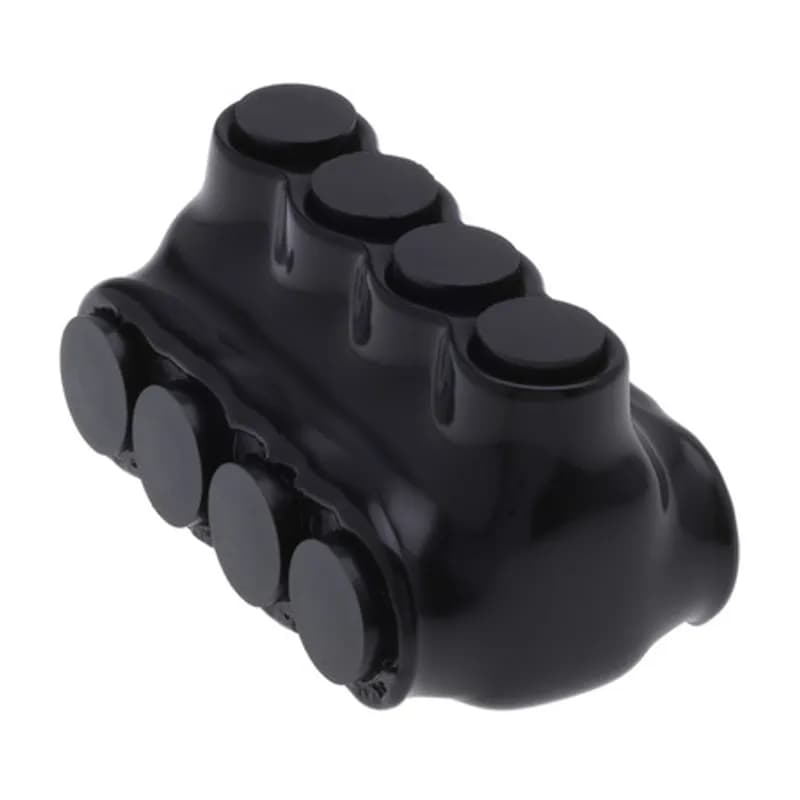 The Polaris IPLD2-4B Multi-Tap Dual-Sided Entry Black Connector features 4 ports sized for 2 AWG - 14 AWG wires. The body is made from aluminum alloy wrapped in a layer of plastisol insulation. Each dual-sided port is pre-loaded with an oxide inhibitor, with removable access plugs over the hex screws used to tighten the connections. Installs with a hex key and torque wrench, without any tape or additional supplies. Designed for use in a wide range of splicing applications, including installation in cable trays, panel boards, ducts, raceways or troughs.