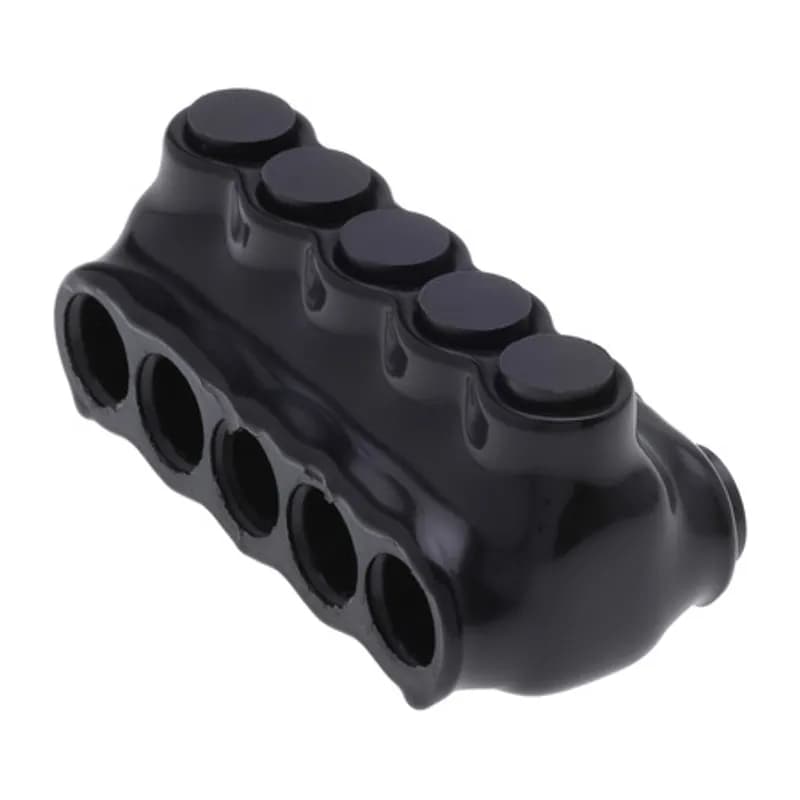 The Polaris IPLD2-5 Multi-Tap Dual-Sided Entry Black Connector features 5 ports sized for 2 AWG - 14 AWG wires. The body is made from aluminum alloy wrapped in a layer of plastisol insulation. Each dual-sided port is pre-loaded with an oxide inhibitor, with removable access plugs over the hex screws used to tighten the connections. Installs with a hex key and torque wrench, without any tape or additional supplies. Designed for use in a wide range of splicing applications, including installation in cable trays, panel boards, ducts, raceways or troughs.