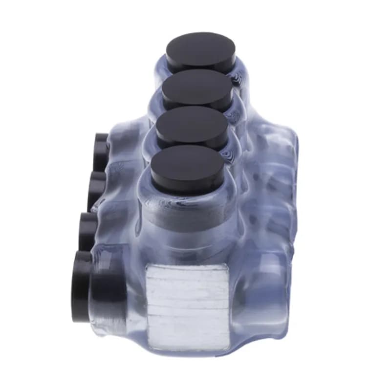 The Polaris IPLD2-4CB Multi-Tap Dual-Sided Entry Vision Tap Connector features 4 ports sized for 2 AWG - 14 AWG wires. The clear body allows users to see their conductor placement and is wrapped in a layer of plastisol insulation. Each dual-sided port is pre-loaded with an oxide inhibitor, with removable access plugs over the hex screws used to tighten the connections. Installs with a hex key and torque wrench, without any tape or additional supplies. Designed for use in a wide range of splicing applications, including installation in cable trays, panel boards, ducts, raceways or troughs.