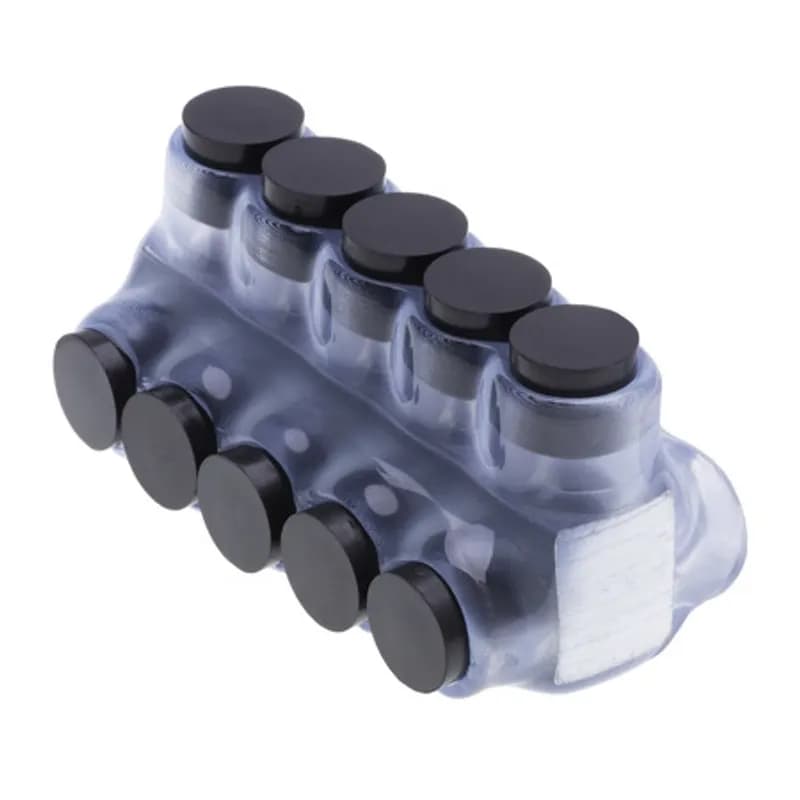 The Polaris IPLD2-5C Multi-Tap Dual-Sided Entry Vision Tap Connector features 5 ports sized for 2 AWG - 14 AWG wires. The clear body allows users to see their conductor placement and is wrapped in a layer of plastisol insulation. Each dual-sided port is pre-loaded with an oxide inhibitor, with removable access plugs over the hex screws used to tighten the connections. Installs with a hex key and torque wrench, without any tape or additional supplies. Designed for use in a wide range of splicing applications, including installation in cable trays, panel boards, ducts, raceways or troughs.