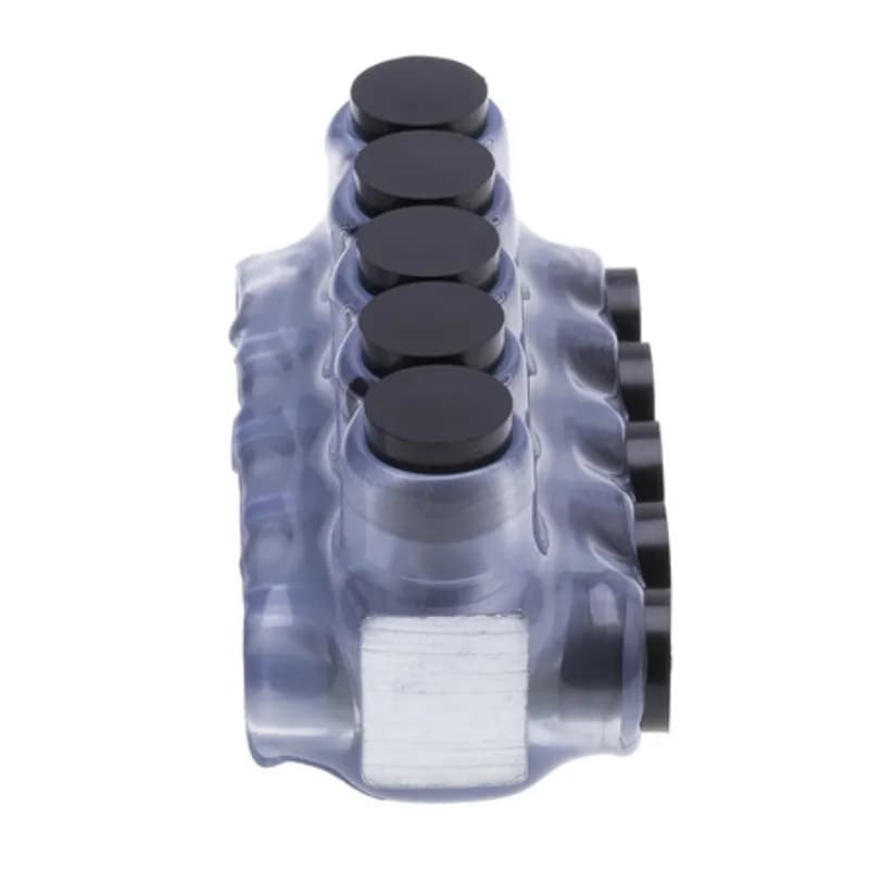The Polaris IPLD2-5CB Multi-Tap Dual-Sided Entry Vision Tap Connector features 5 ports sized for 2 AWG - 14 AWG wires. The clear body allows users to see their conductor placement and is wrapped in a layer of plastisol insulation. Each dual-sided port is pre-loaded with an oxide inhibitor, with removable access plugs over the hex screws used to tighten the connections. Installs with a hex key and torque wrench, without any tape or additional supplies. Designed for use in a wide range of splicing applications, including installation in cable trays, panel boards, ducts, raceways or troughs.